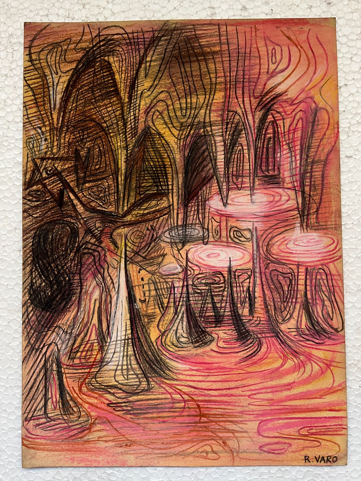 Remedios Varo (Handmade) Drawing On old Paper Signed & Stamped, Vtg Art