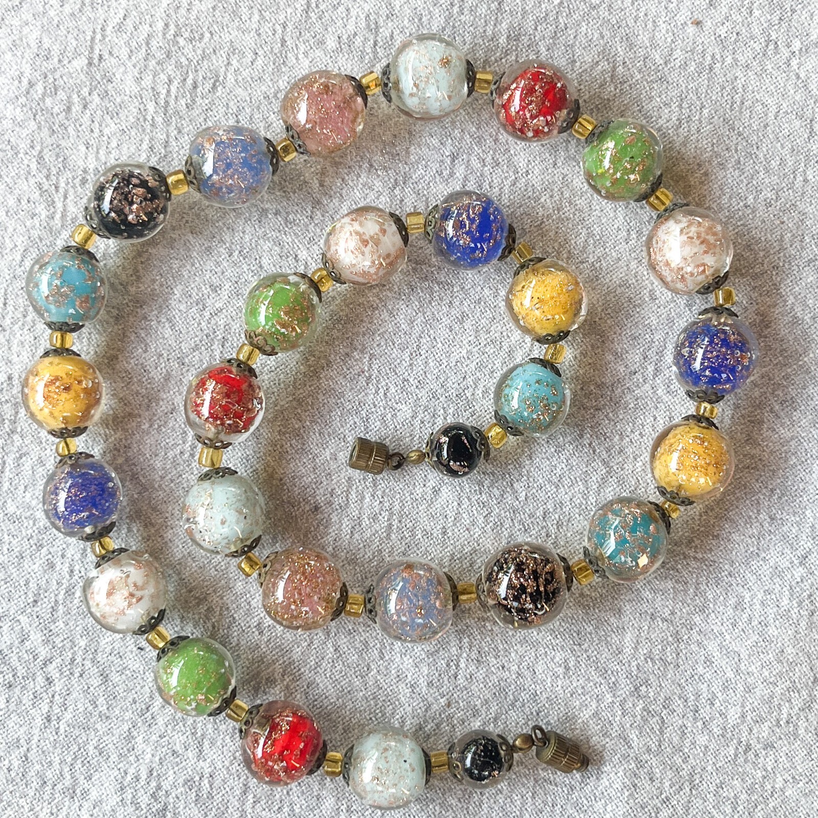 Vintage Venetian Art Glass Aventurina Foil Bead Necklace Hand Knotted Italy