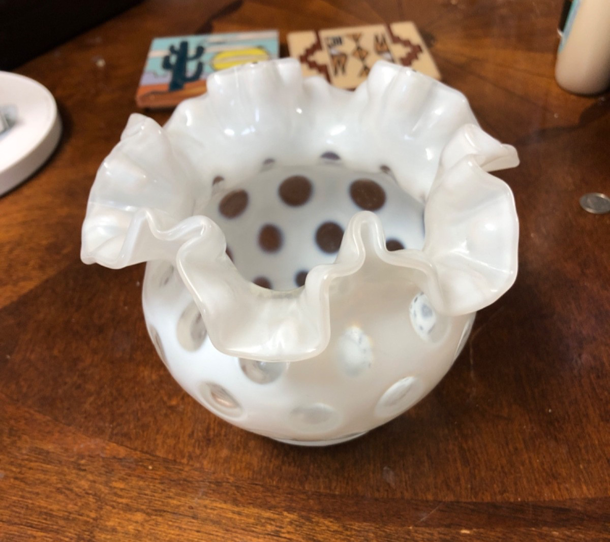 Vintage Fenton Art Glass White Opalescent Coin Dot Vase Vintage Fenton Art Glass White Opalescent Coin Dot Vase