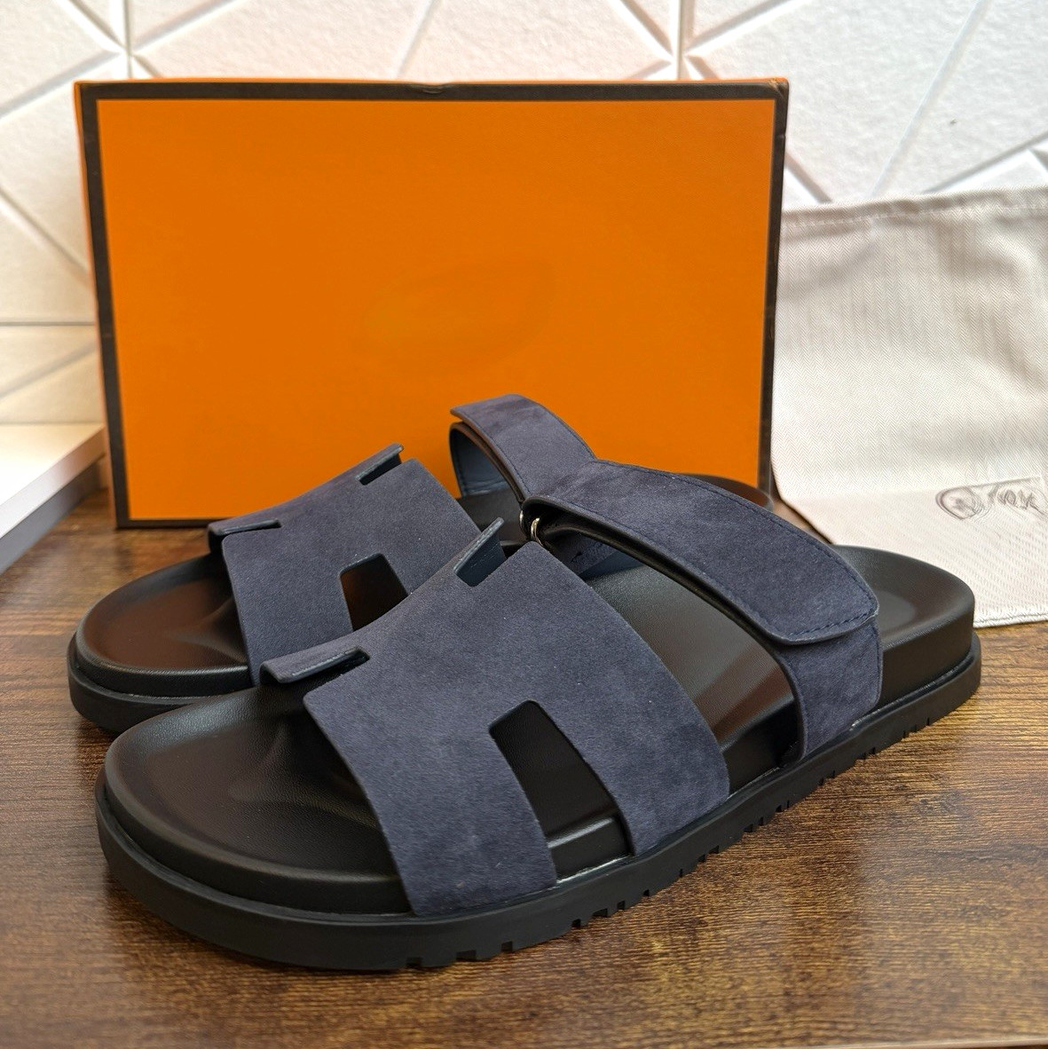 Hermes Chypre Men\'s Suede Slide Sandals Blue/Black Adjustable Strap US 10.5 Hermes Chypre Men\'s Suede Slide Sandals Blue/Black Adjustable Strap US 10.5