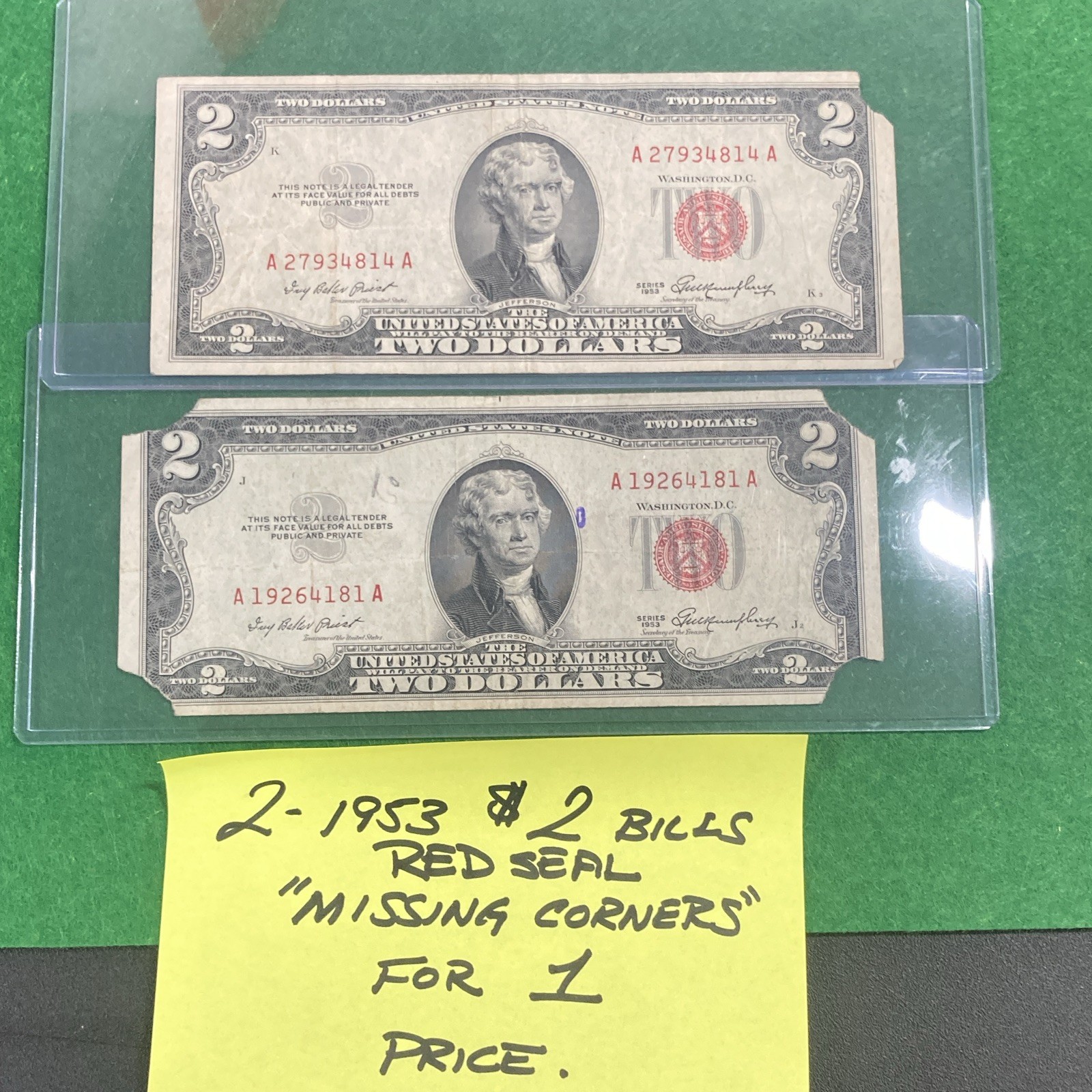 1953 $2 Red Seal U.S. Notes- MISSING CORNERS - Lot of 2 for 1 price. 1953 $2 Red Seal U.S. Notes- MISSING CORNERS - Lot of 2 for 1 price.
