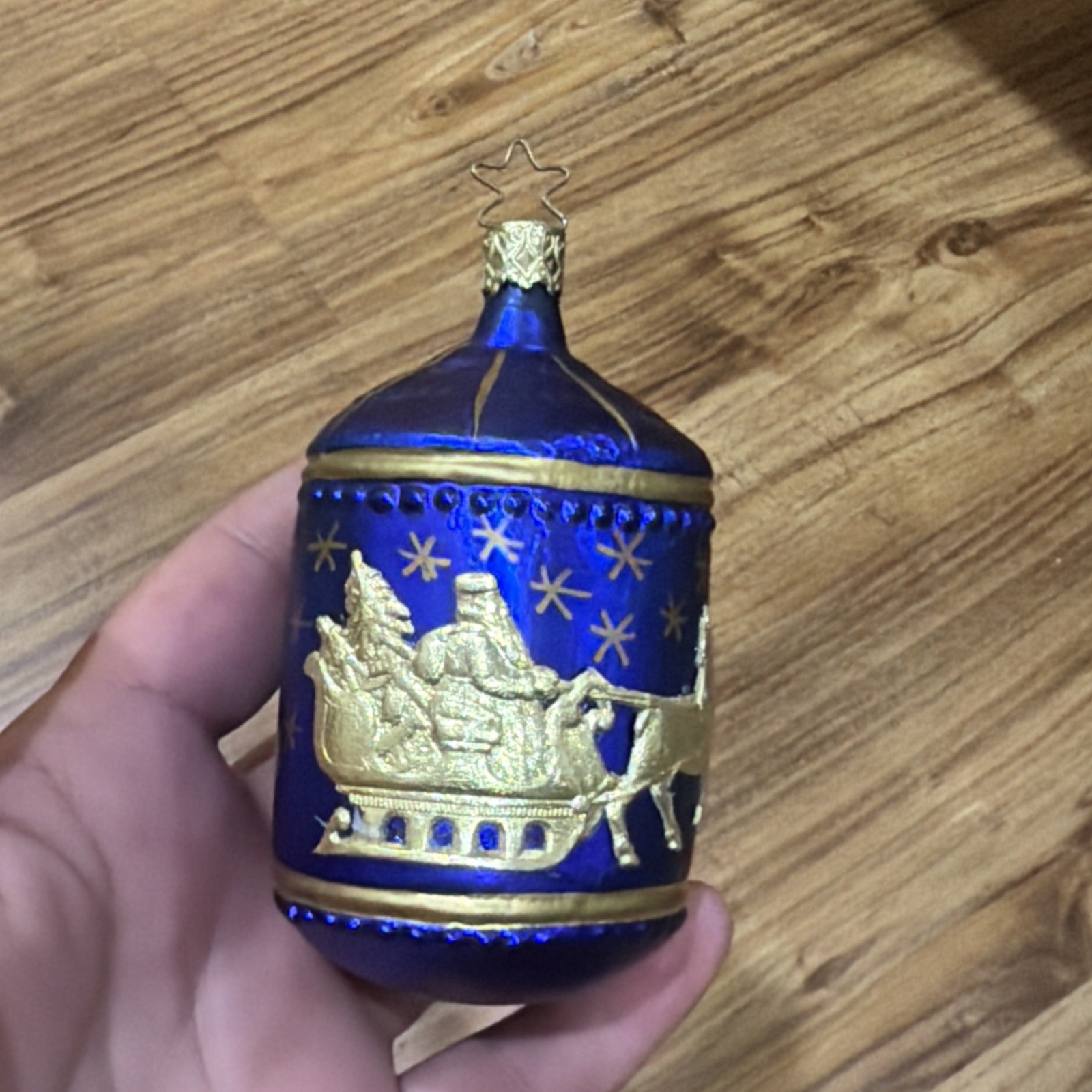 Vintage Inge Glas Rare BLUE & GOLD Santa Sleigh CHRISTMAS EVE Ornament Germany