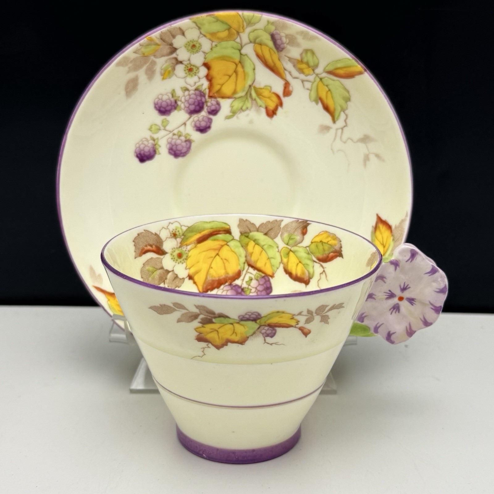 Star Paragon Cup & Saucer PANSY FLOWER HANDLE BLACKBERRY Antique 