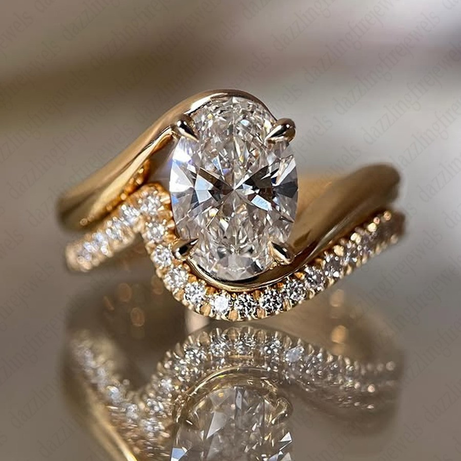 2.25Ctw Oval Cut Moissanite Bridal Set Engagement Ring In Solid 14K Yellow Gold