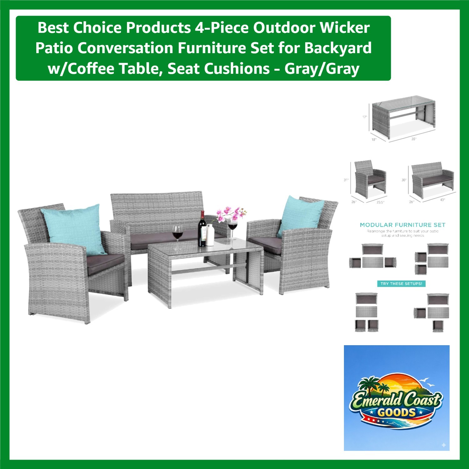 Elegant 4-Piece Outdoor Wicker Patio Conversation Set with Glass Table - Gray