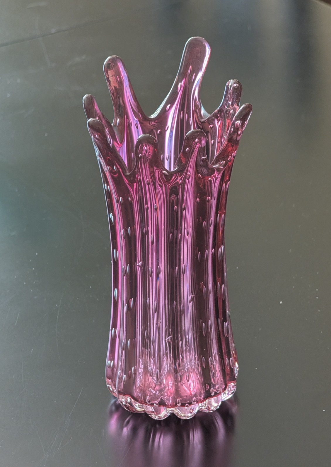 VTG MCM BULLICANTE MURANO HANDBLOWN PINK RIBBED GLASS 8 FINGER VASE ITALY 7.75\
