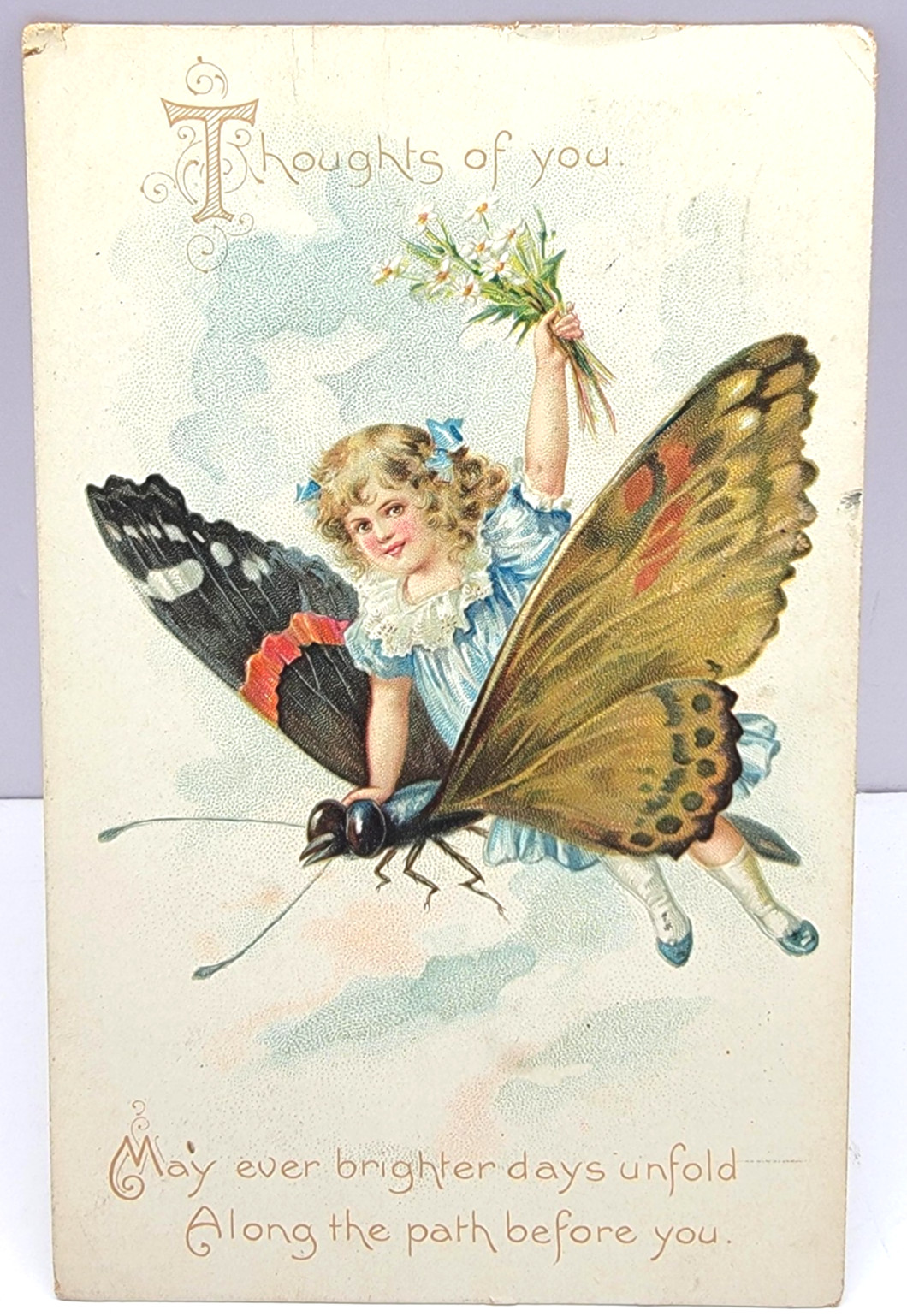 Raphael Tuck Girl Riding Butterfly Fantasy Art Embossed 1909 Antique Postcard