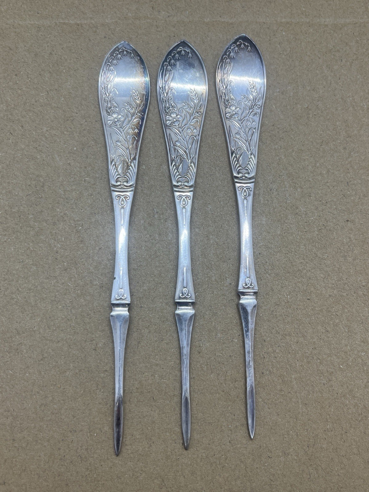 Antique WM Rogers Silver Plated Nut Picks Floral Lot Of 3