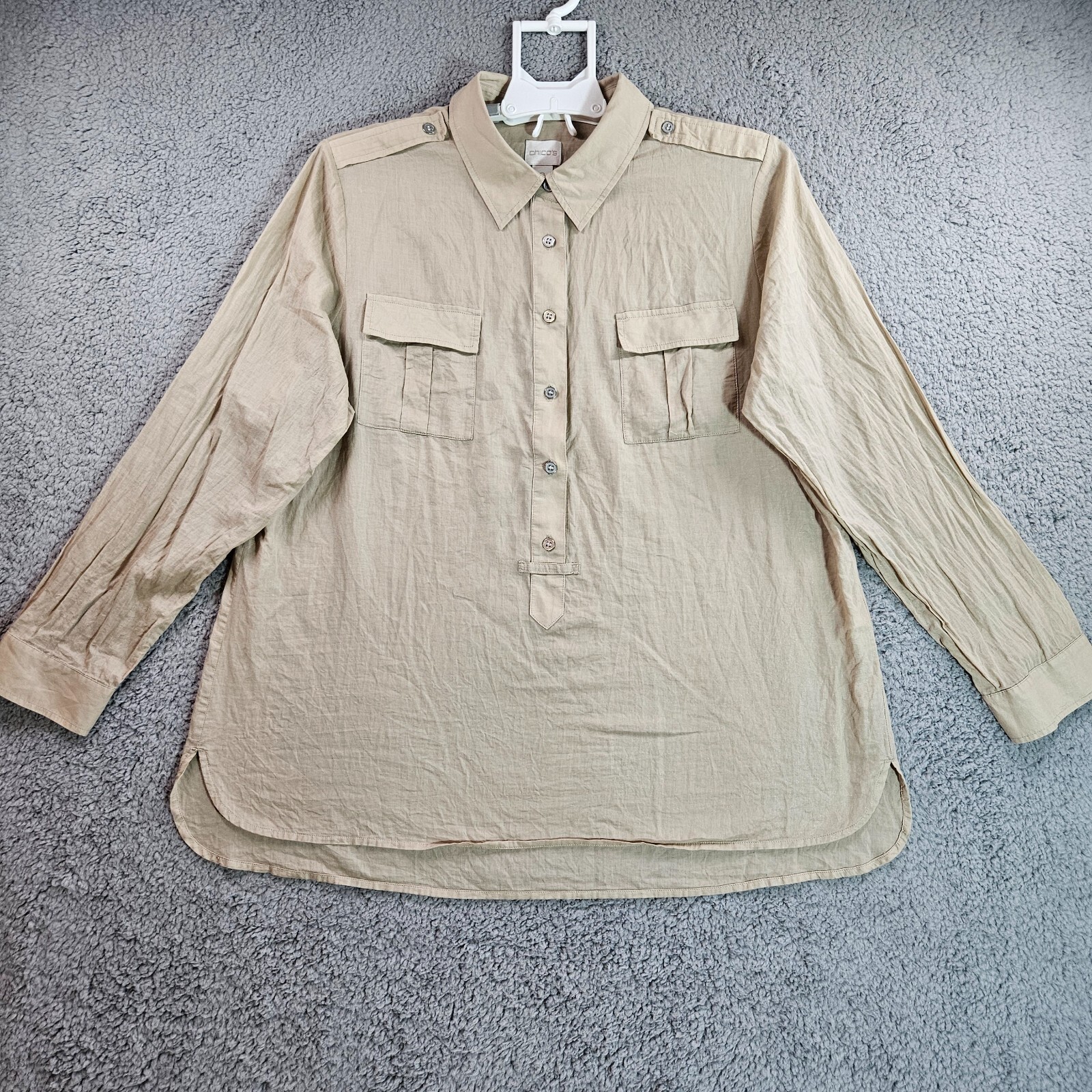Chico\'s Top Shirt Size 2  Long Sleeve 1/2 Button Lightweight Tan Brown - 2