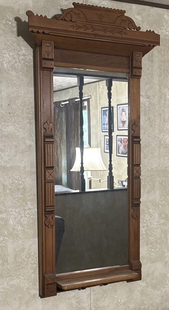 Antique C 1900 Victorian Eastlake Wood Wall Mirror Ornate Frame 51” Tall X 28” W