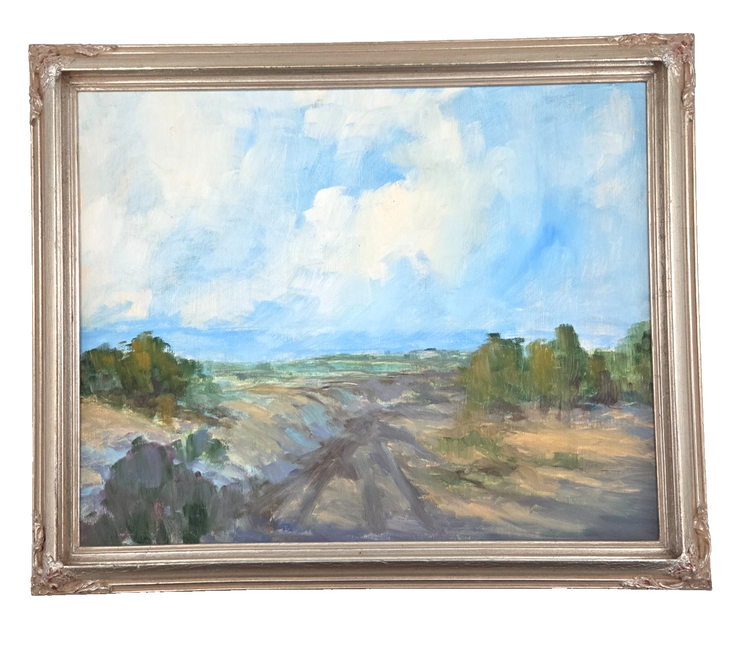 VTG 80s Amateur Painting On Board - Landscape Folk Art Framed Unsigned 23x19