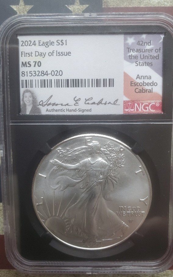 2024 Amer Silver Eagle Flag Label MS70 NGC FDOI Anna Cabral Signature