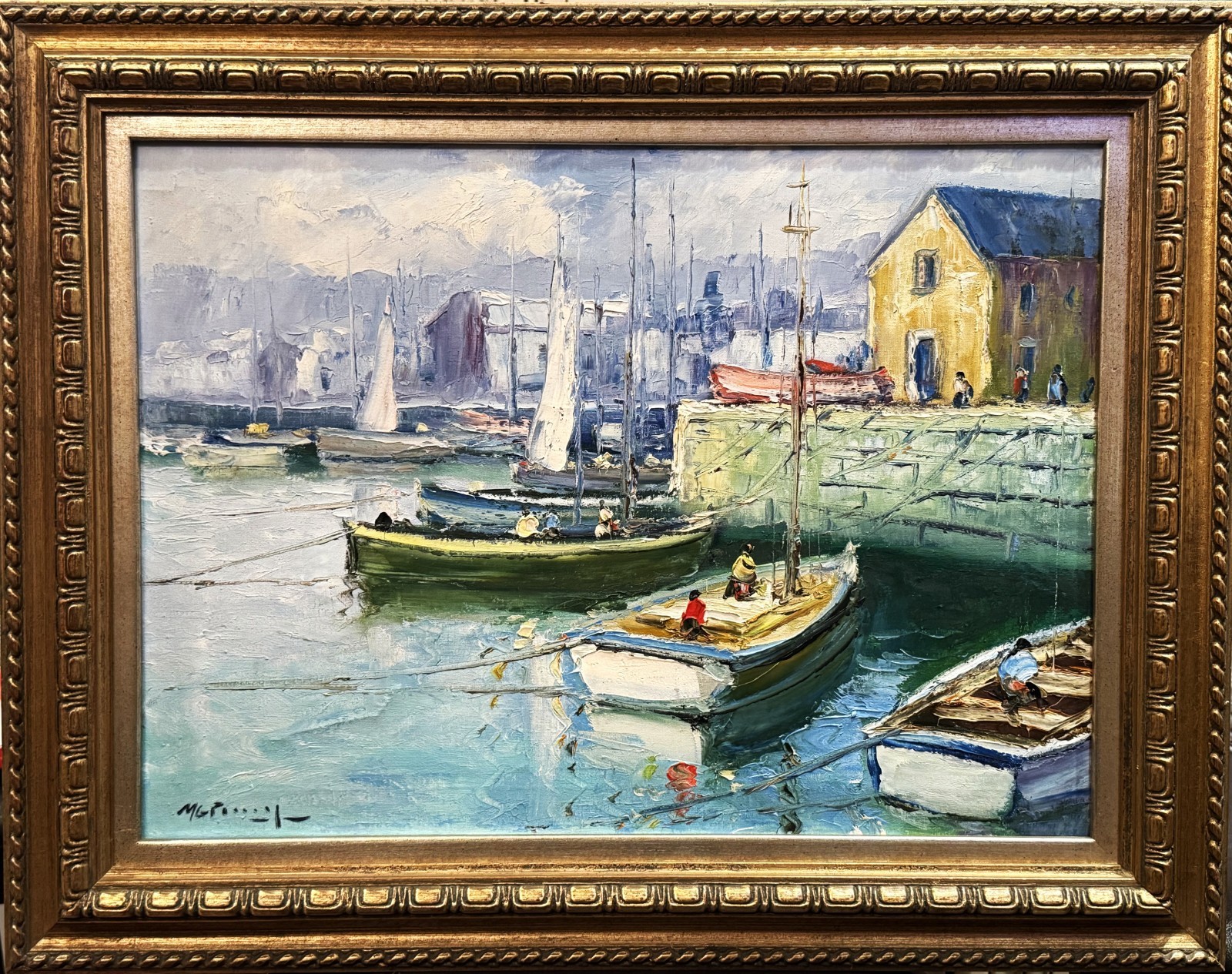 French Brittany O/C Impressionist Harbor Scene Mid 20th Century Impasto, Signed