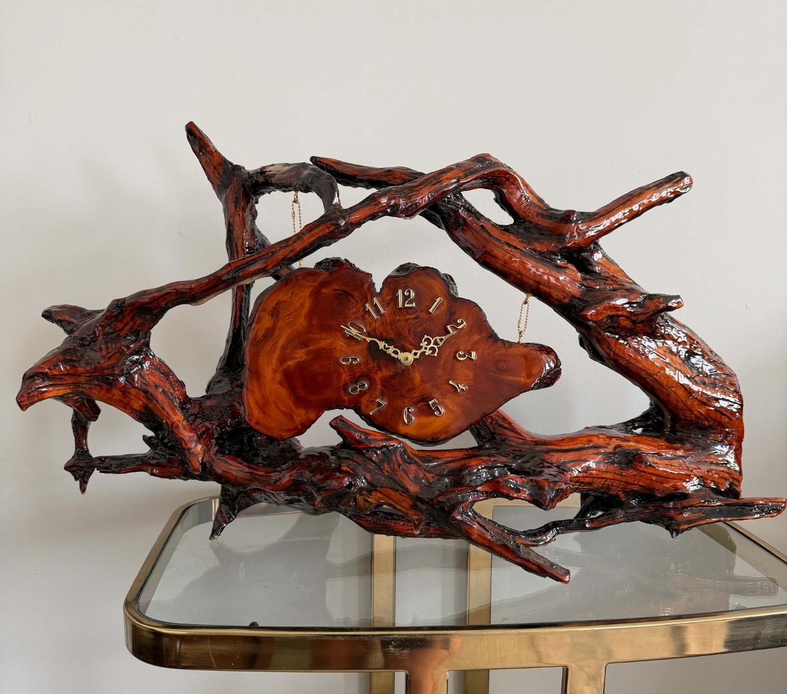 Huge Vtg 70s MCM Live Edge Redwood Burl Root Clock 33” Sculptural Mantel - WORKS