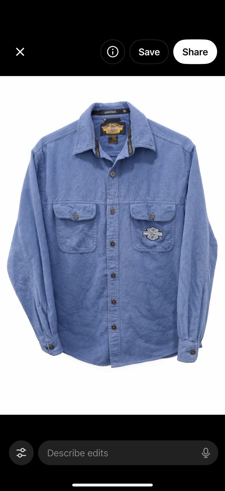 Vintage Harley-Davidson Blue Workwear Shirt Embroidered Logo 100% Cotton Size L
