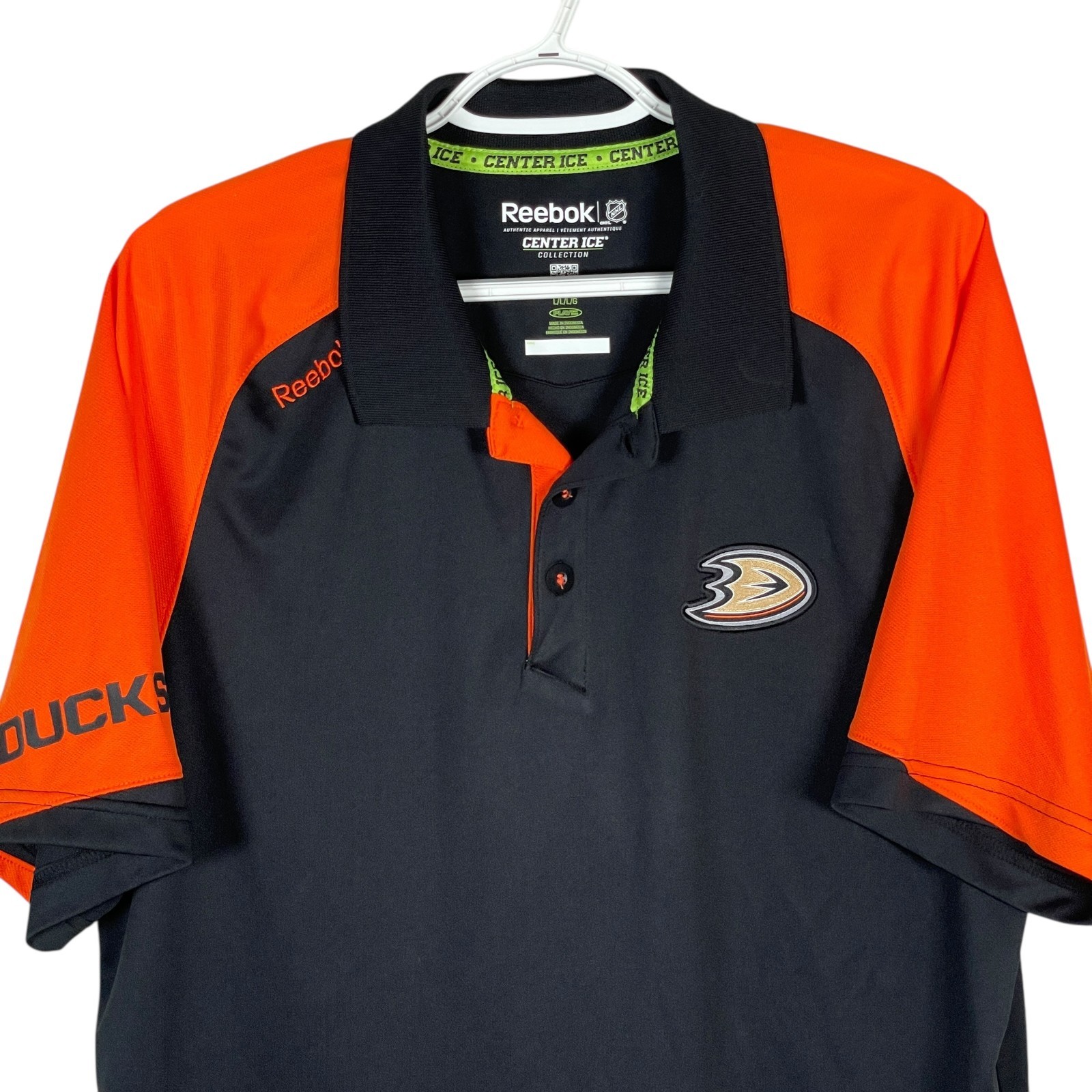 Reebok Center Ice Anaheim Ducks NHL Polo Shirt Mens L Black Orange Reebok Center Ice Anaheim Ducks NHL Polo Shirt Mens L Black Orange