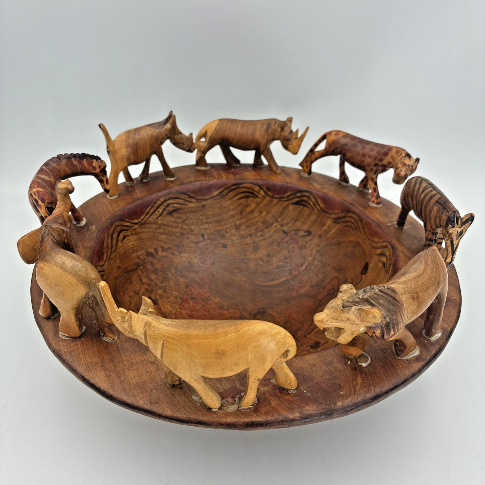 Vintage Kenyan Hand Carved Wood Safari Animal Bowl Folk Art 8 Animals 11in