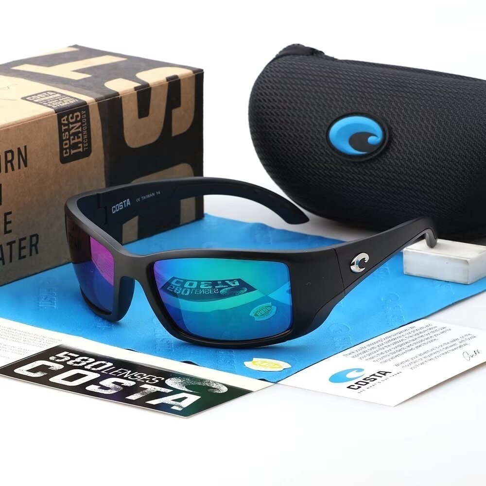Costa Del Mar Blackfin Matte Black Green Mirror 580P Polarized Sunglasses NIB