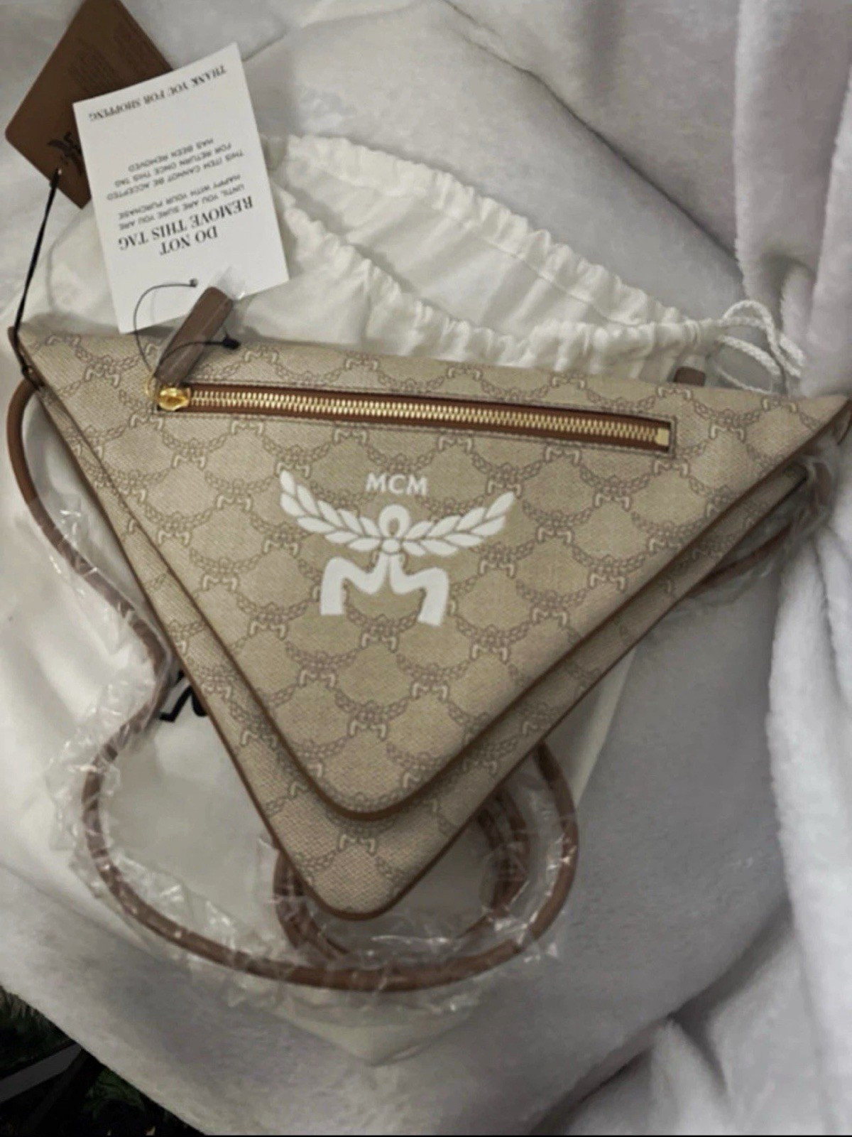 MCM Visetos Beige Triangle Small Crossbody Brown Leather Strap Gold Zip Bag
