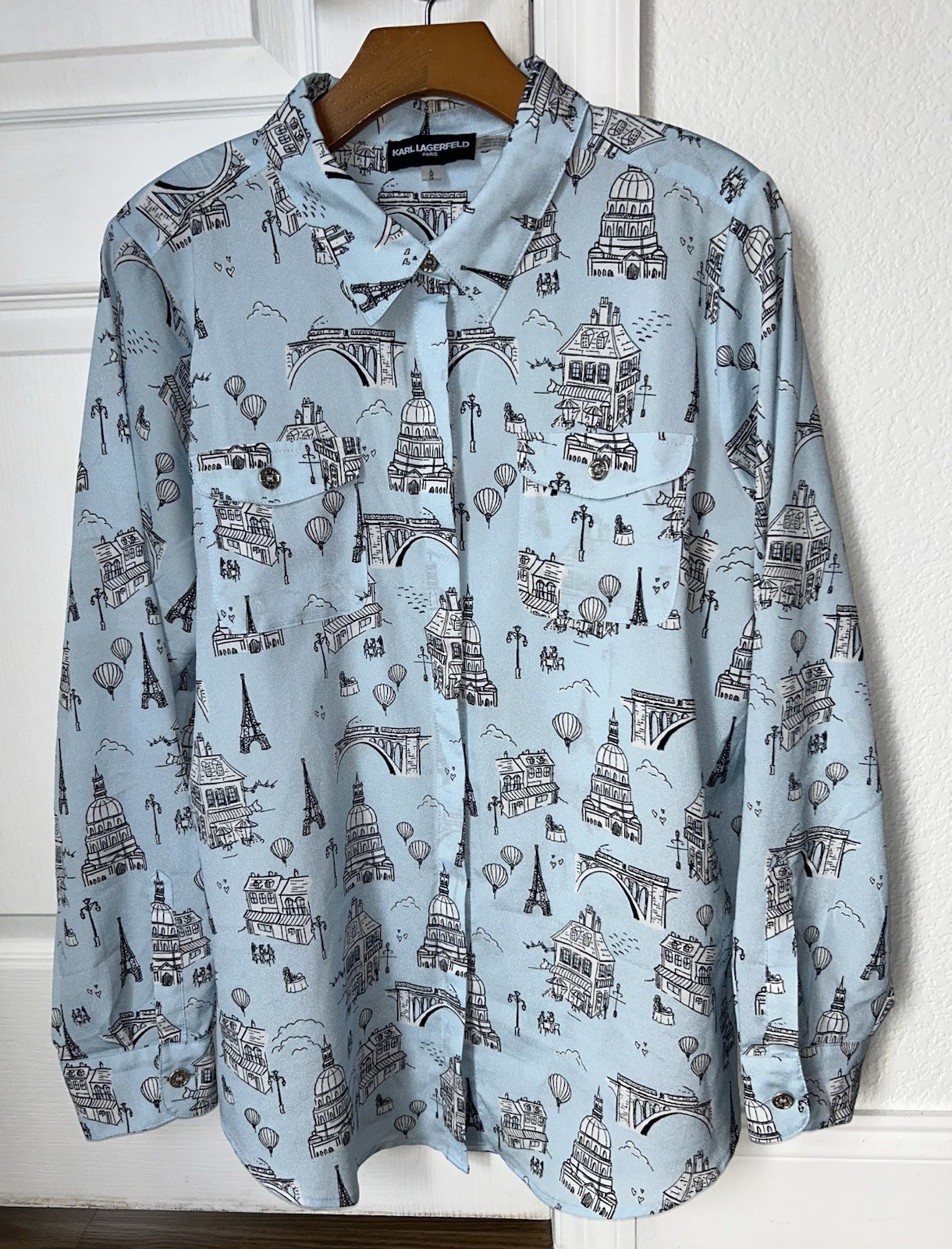 Karl Lagerfeld Paris Women’s Blouse Blue W/ Printed Paris Icons Size L