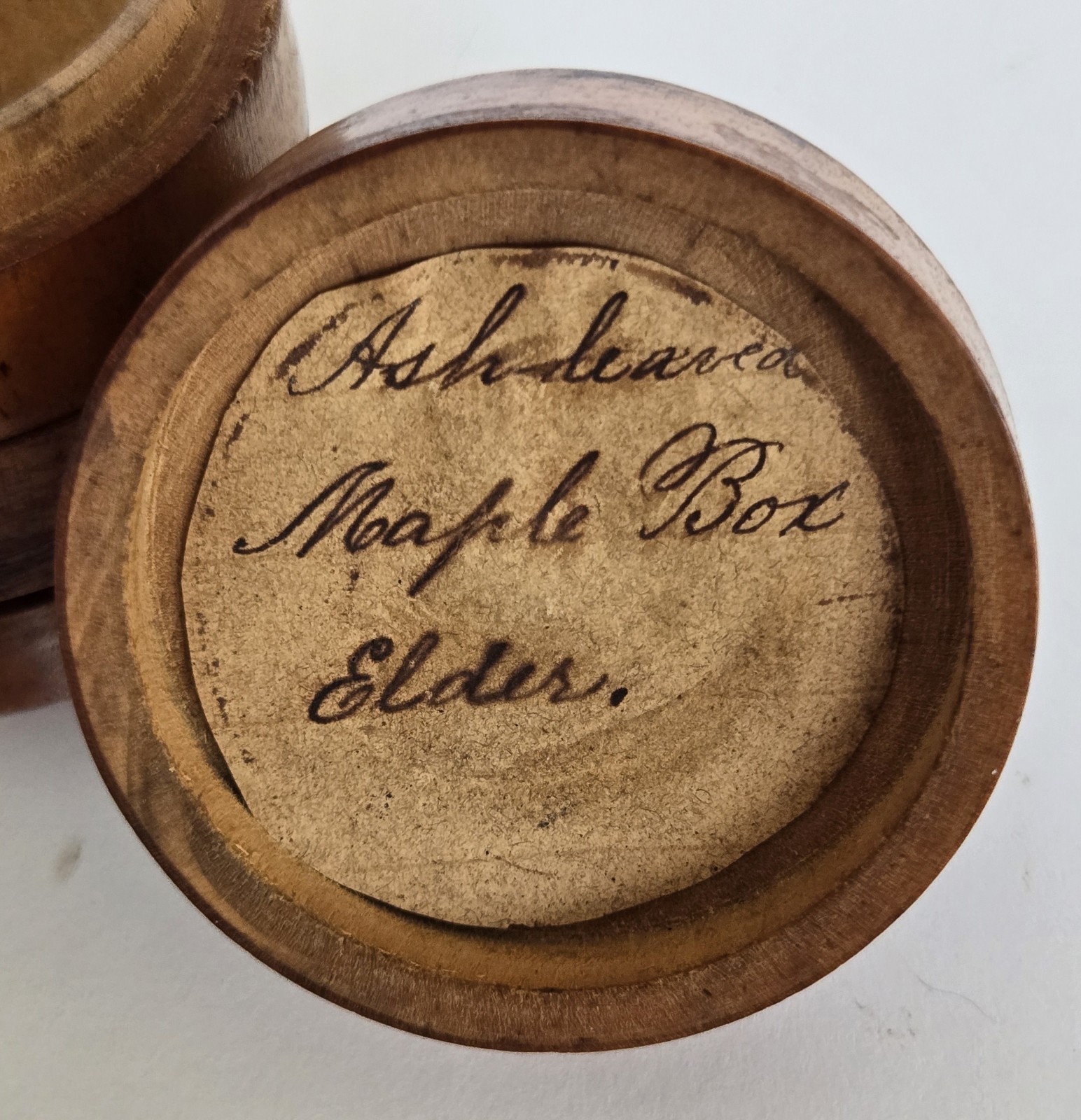 Old Treenware Covered Jar Signed Early 19thc. SPICE BOX Maple Box Elder Wood Old Treenware Covered Jar Signed Early 19thc. SPICE BOX Maple Box Elder Wood