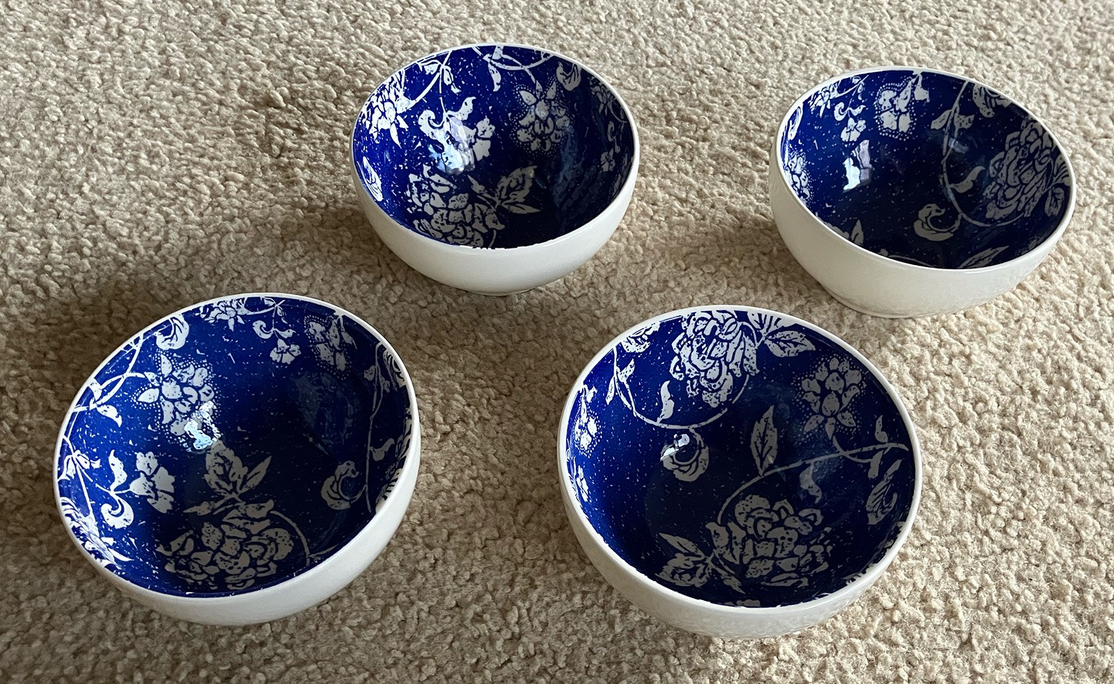 4-set of Pier 1 Batik Blue Floral Cereal/Soup Bowls – Pottery, Porcelain, Brazil 4-set of Pier 1 Batik Blue Floral Cereal/Soup Bowls – Pottery, Porcelain, Brazil