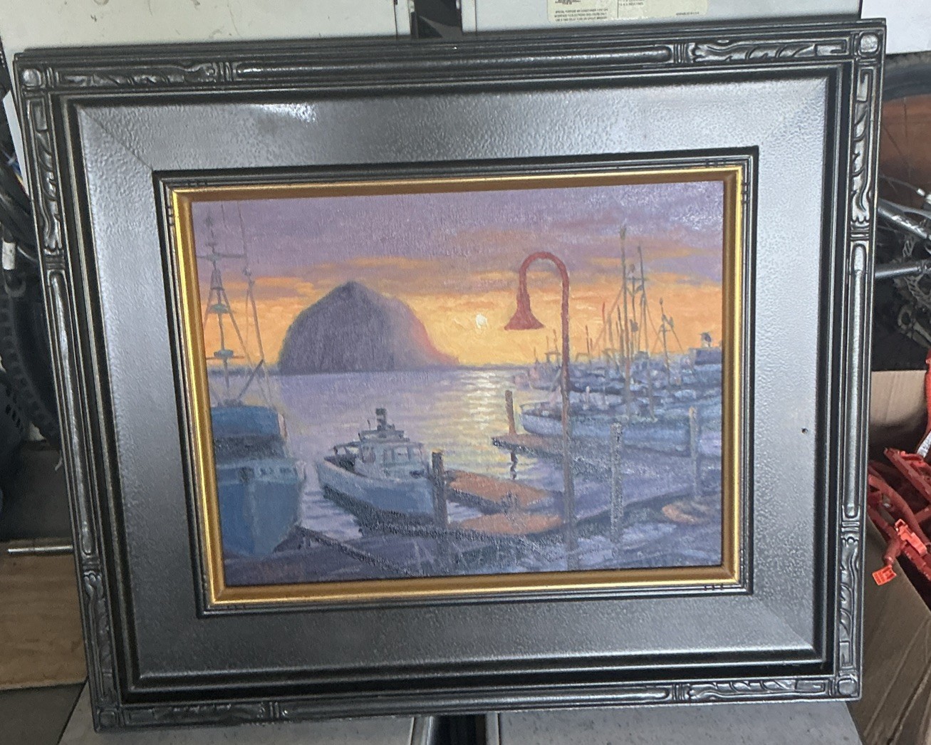 Vintage Framed Oil Painting-Morro Bay Sunset