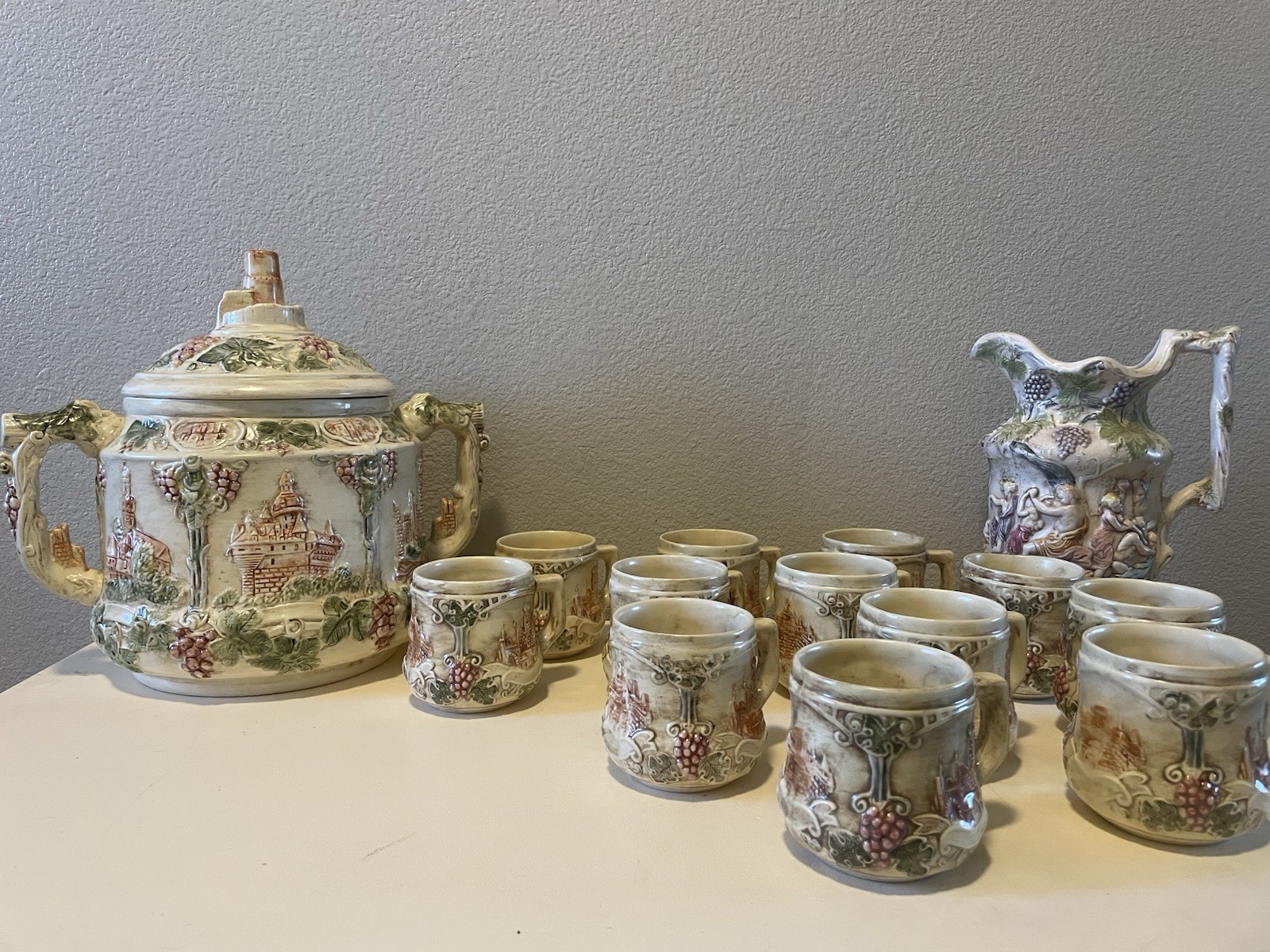 Vtg German Castle Stoneware Punch Bowl Tureen Set 12 Mugs Pitcher 14pc LN Mark