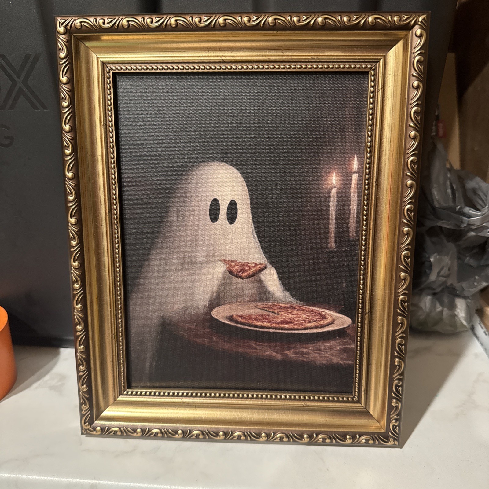 Viral Ghost With Eating Pizza By Candlelight Wall Art Picture Halloween 8”x10”