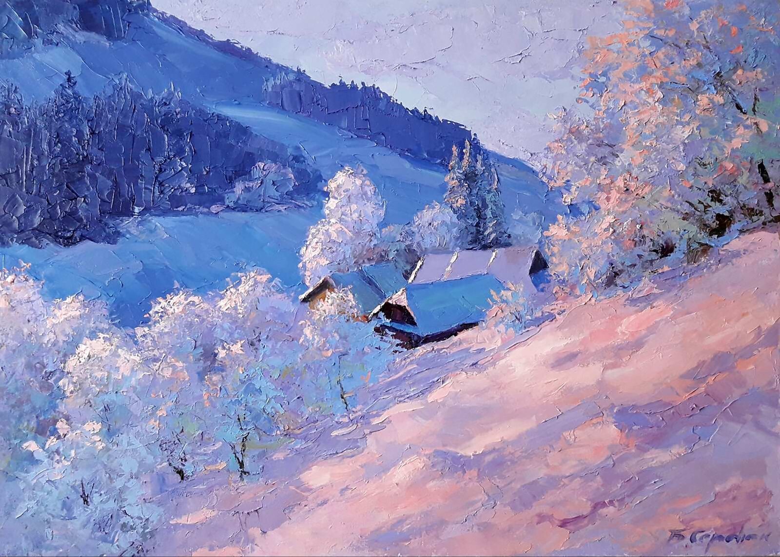 Oil Painting Winter Evening Serdyuk B. Unframed Original Wall Hanging nSerb505