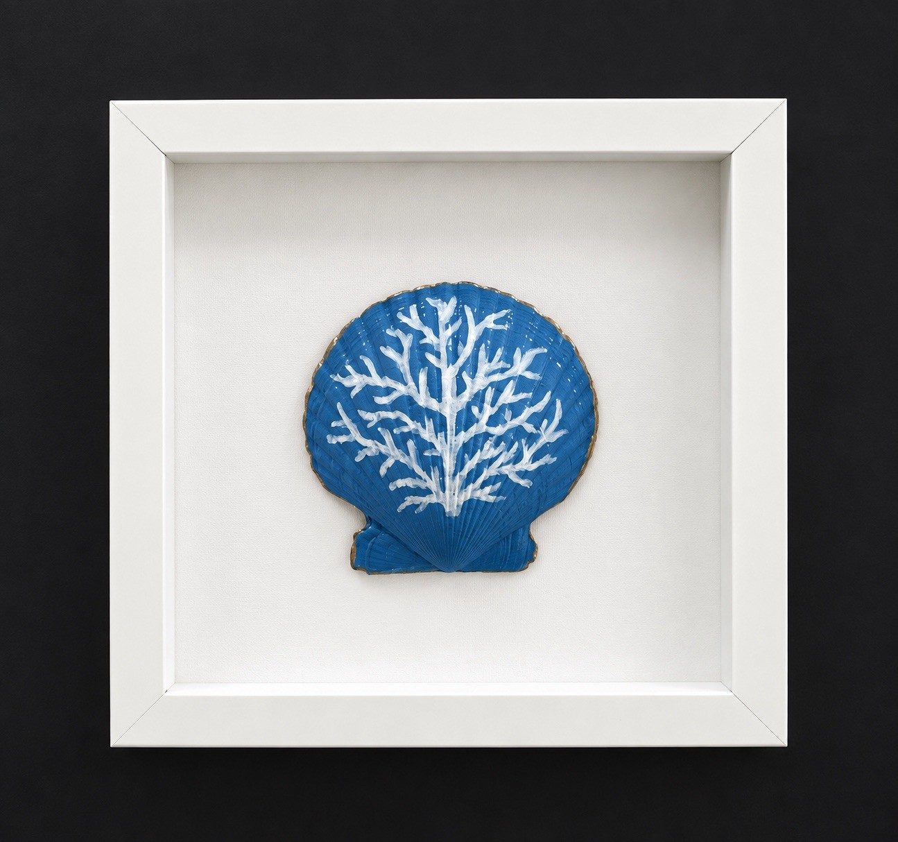 Hand-painted  Blue Scalloped Shell Coral Art. 8”x 8” Framed Shadow Box- Coastal