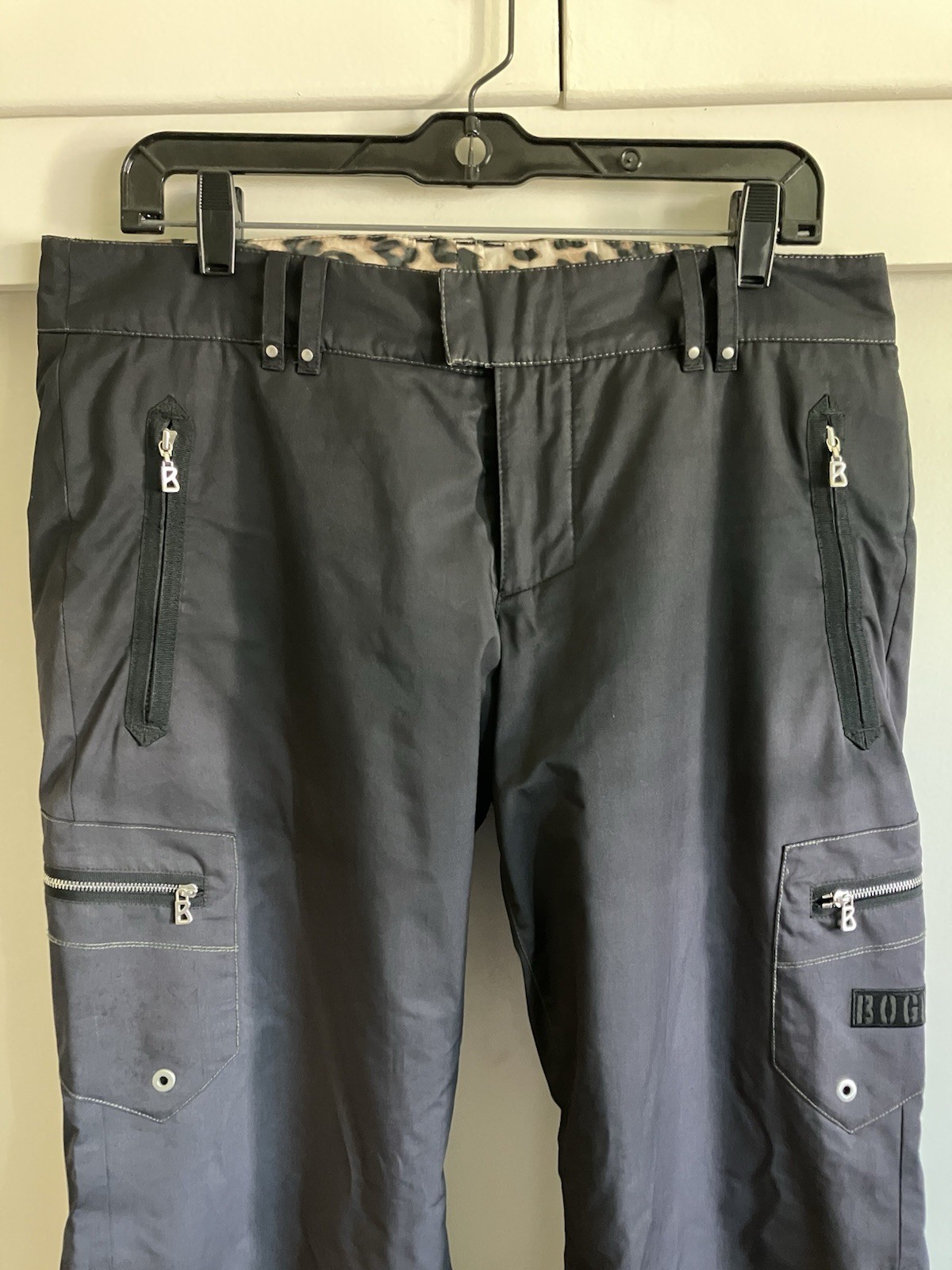 Vintage Bogner Black Cargo Ski Pants Leopard Lining Size 10 Medium