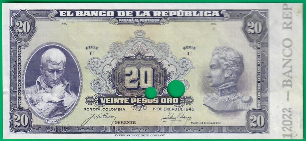 Colombia 1945 specimen/proof (?) with stub, P392b, AU with horizontal fold