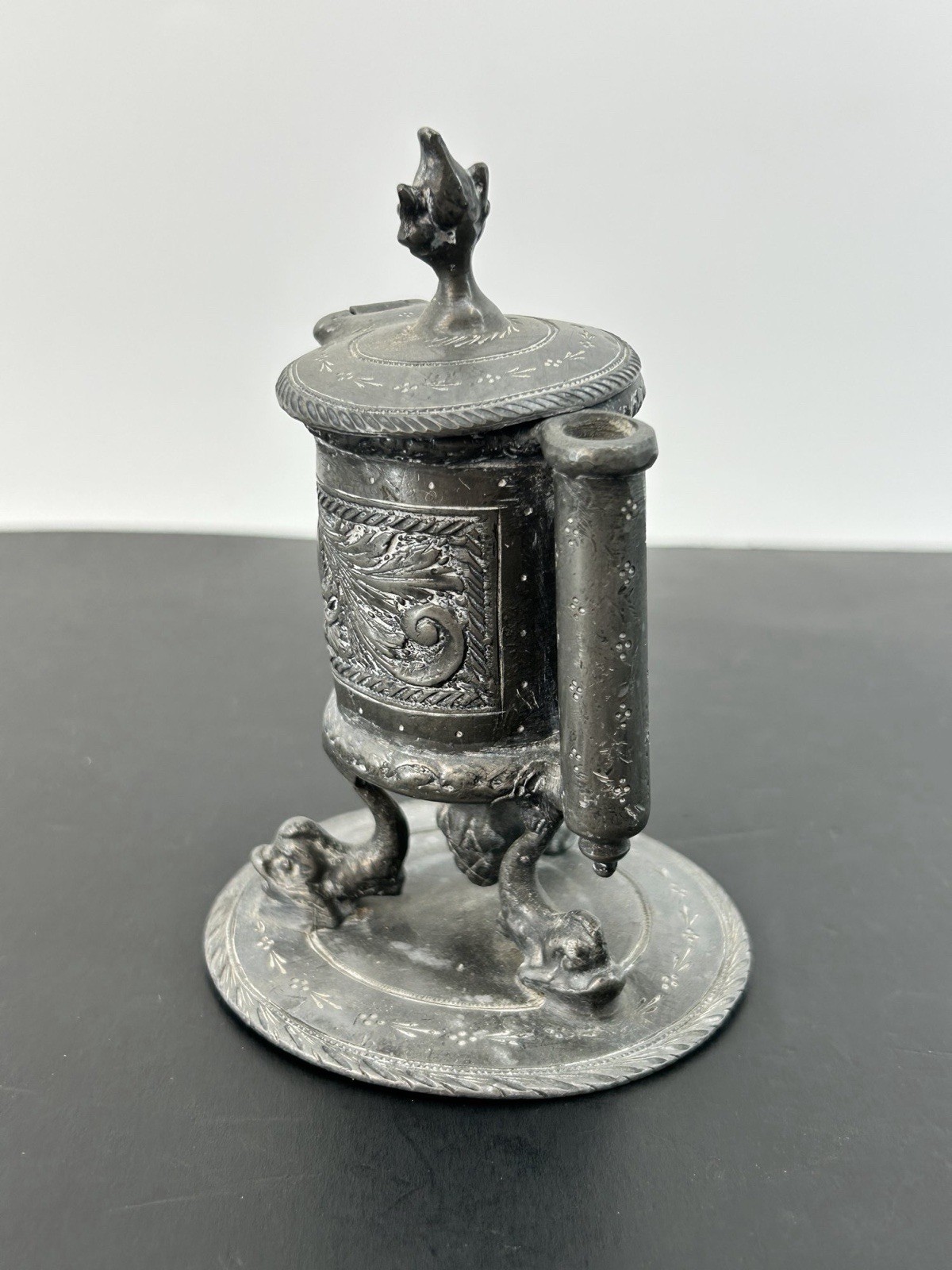 Antique Ornate Pewter Inkwell Pen Holder Pen Stand Desk Accessory Victorian Era Antique Ornate Pewter Inkwell Pen Holder Pen Stand Desk Accessory Victorian Era