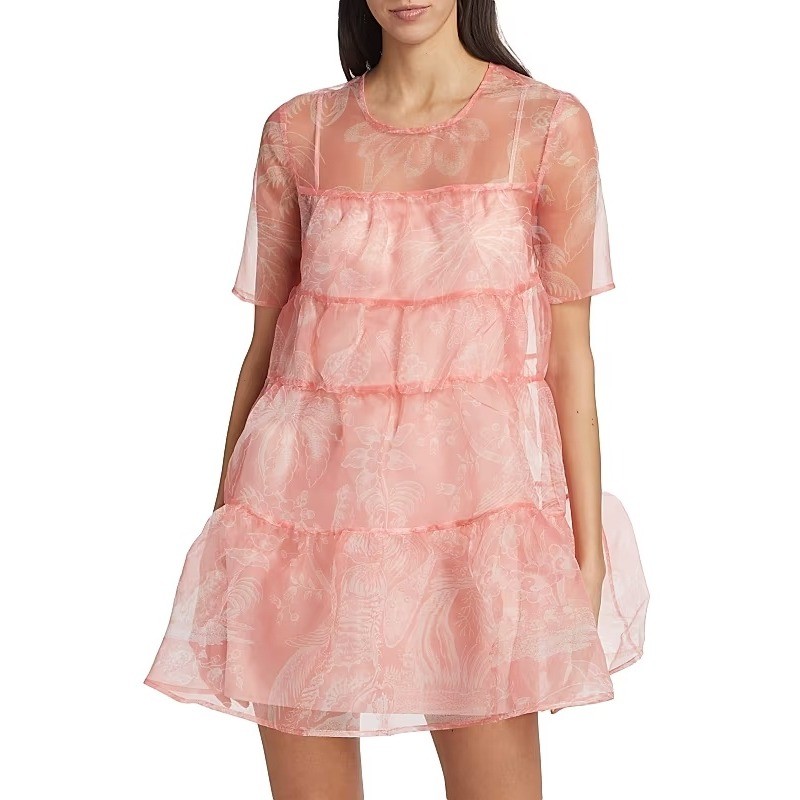 Staud Mini Hyacinth Dress Cherry Blossom Pink Babydoll Sheer Tiered Sz L