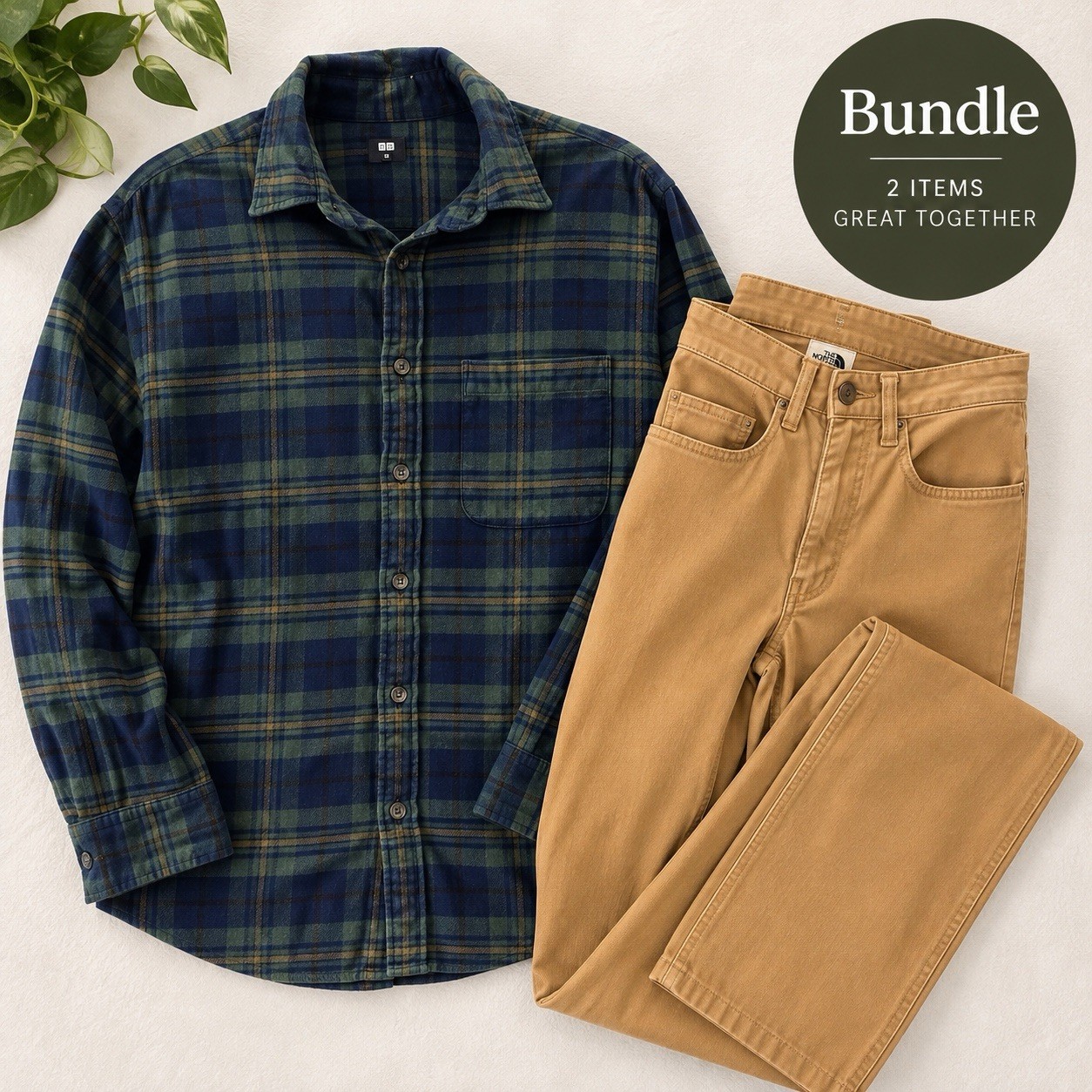 Uniqlo M Navy/Olive Flannel Shirt + North Face Pants 33 Mens 2pc Outfit Bundle