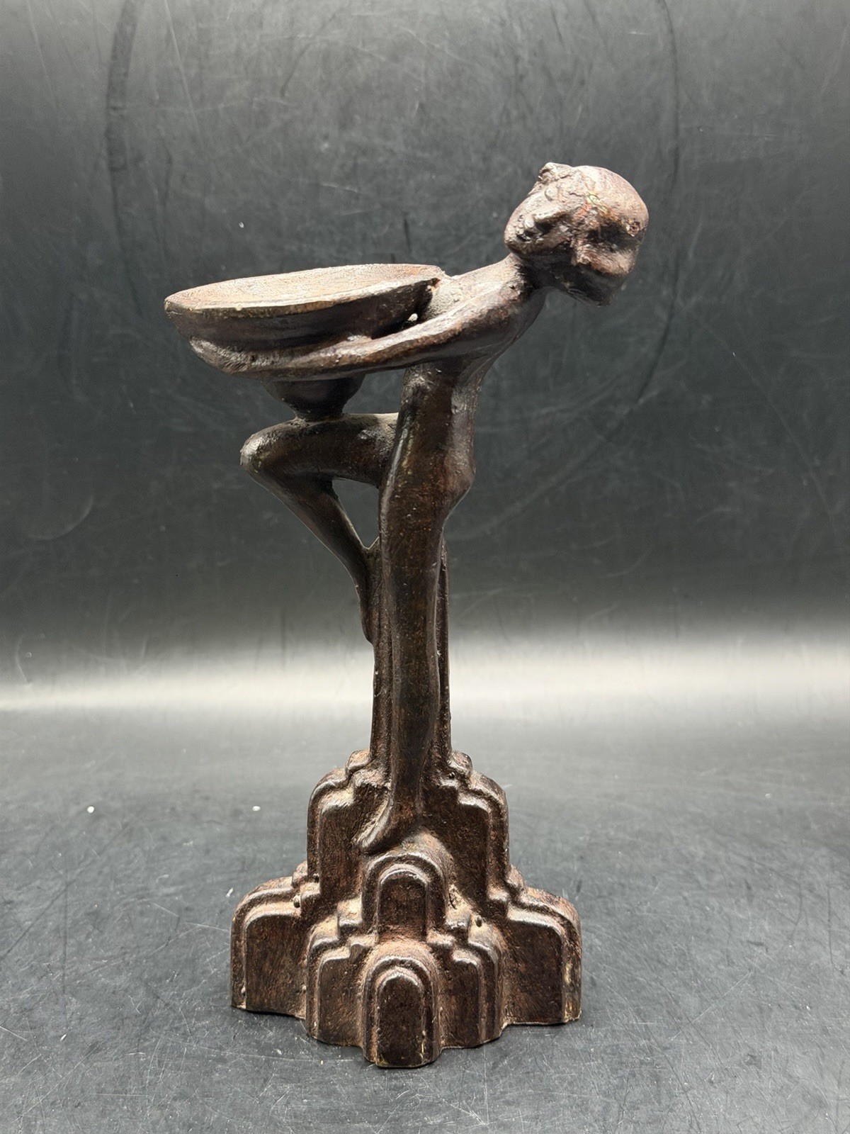 Antique RARE 1920\'s Art Deco Spelter Figural Sculpture Candle Trinket Holder 9\