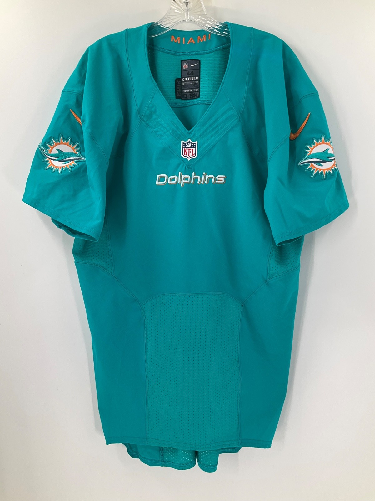 MIAMI DOLPHINS NIKE GAME USED TEAM ISSUED AQUA SAMPLE JERSEY SIZE:44 YEAR:2013