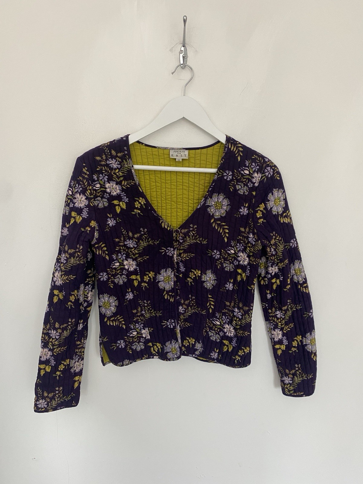 ANOKHI FOR EAST Ladies UK 10 Quilted Jacket Purple Floral Boho Arty
