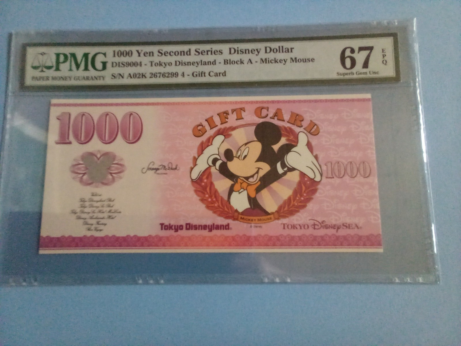 Disney Dollar Tokyo Disneyland Block A 1000 Yen Gift Card PMG 67 Gem Unc Disney Dollar Tokyo Disneyland Block A 1000 Yen Gift Card PMG 67 Gem Unc