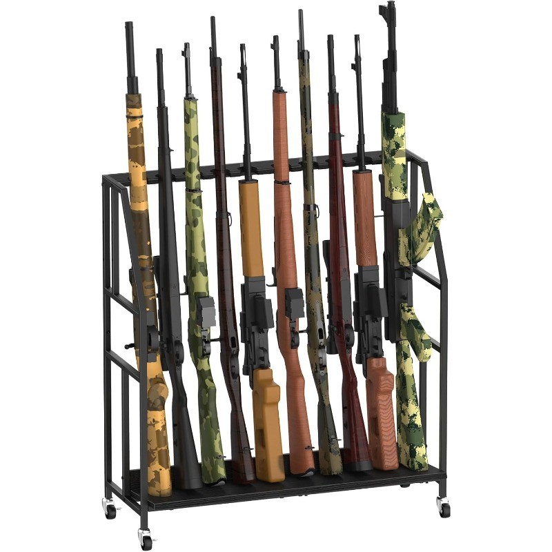 Black Gun Racks, Rifle Rack w/Metal Frame and Wheels, Holds up to 10 Long Guns