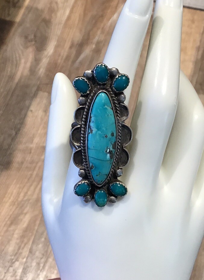 Ring Diné Navajo Native Sterling Silver Turquoise Signed SD. SZ 10.5 Vintage 18g