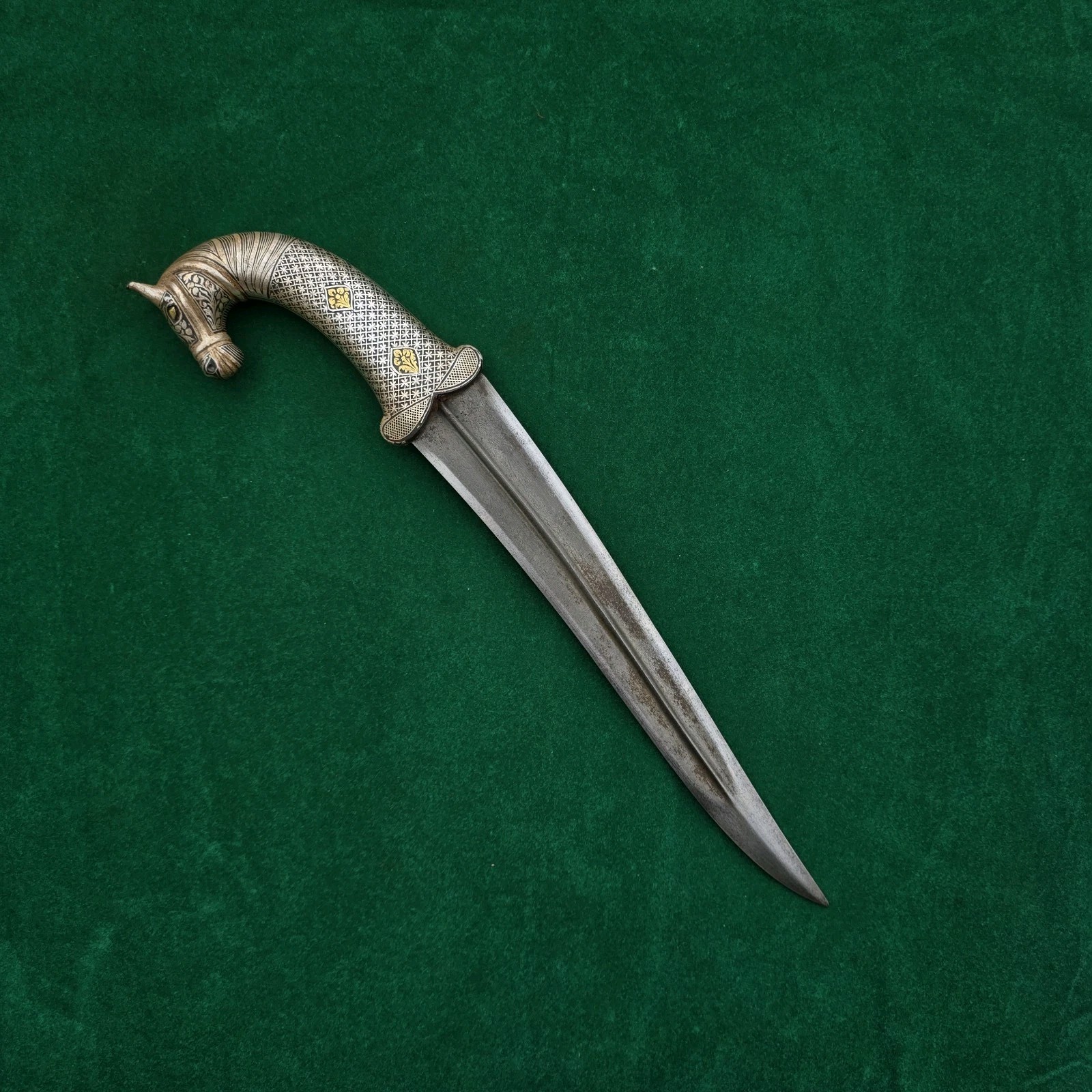 Vintage Mughal Style Islamic Silver & Gold Damascened Horse Khanjar Dagger 14.2