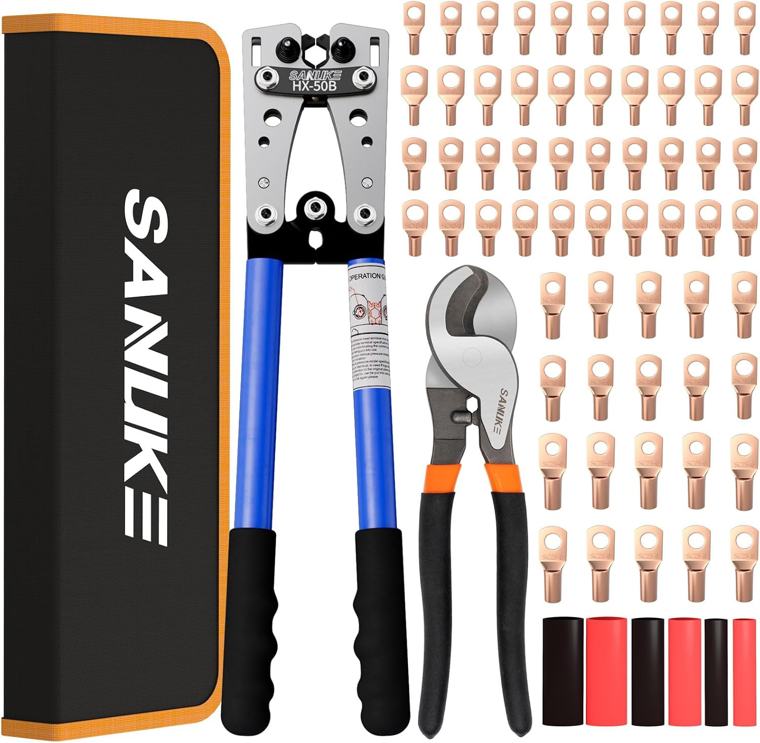 Sanuke Battery Cable Crimper Tool AWG10-1/0, Wire Cutter, 60Pcs Copper Lugs