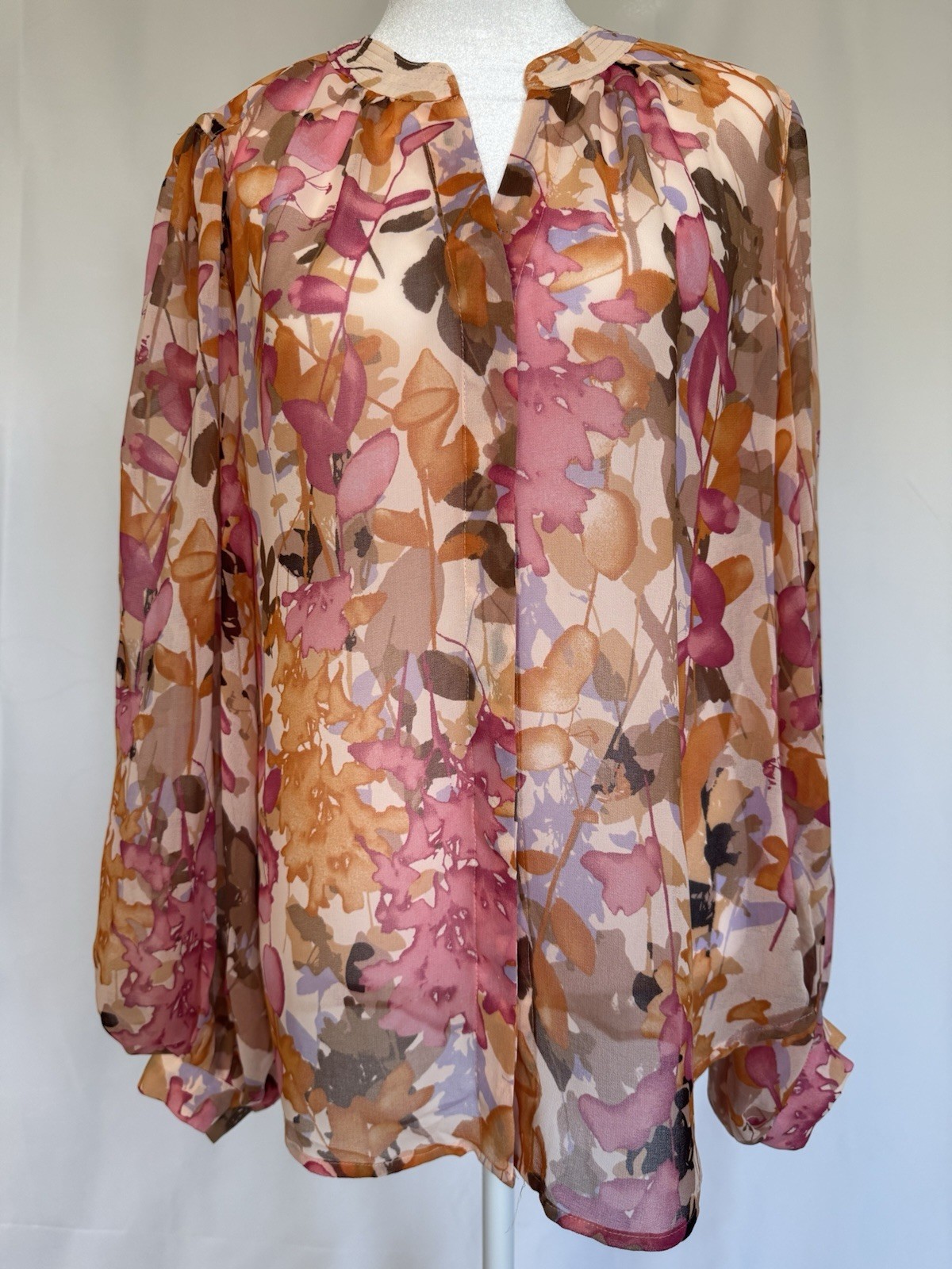 Women\'s Chico\'s Floral V-Neck Long Sleeve Pullover Blouse Size S Pink Brown Women\'s Chico\'s Floral V-Neck Long Sleeve Pullover Blouse Size S Pink Brown