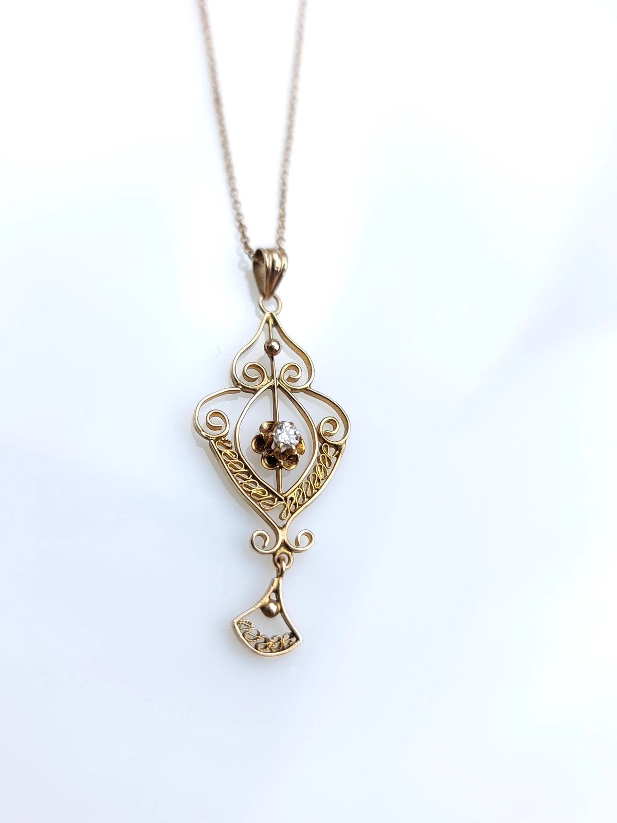Antique Edwardian 14k Gold Diamond Lavalier Necklace, Filigree Drop Pendant