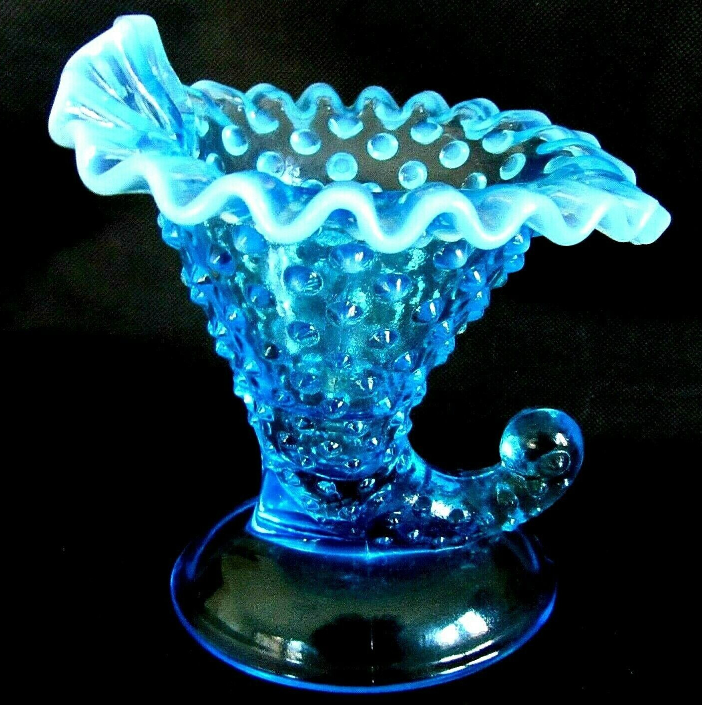 Vintage Fenton Turquoise Aqua Glass Horn of Plenty Vase Hobnail Fluted 6\