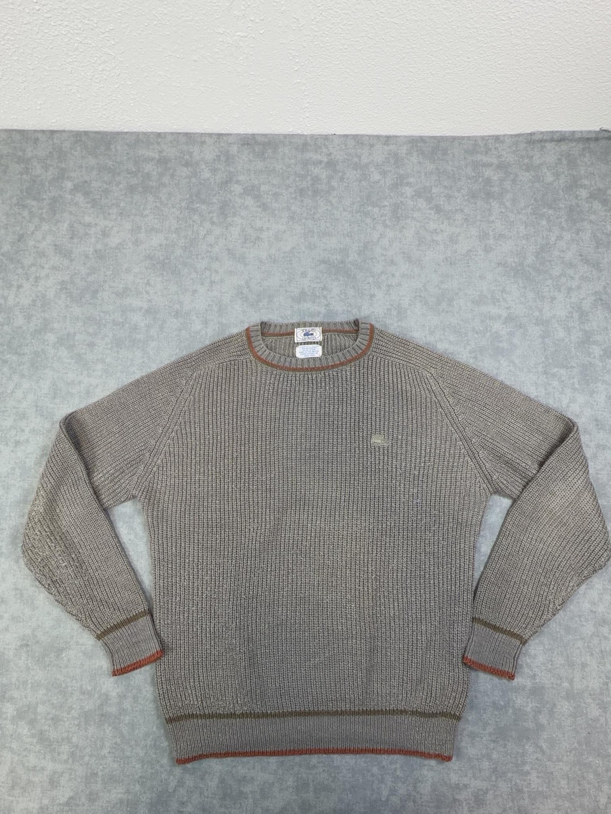 Vintage Izod Lacoste Sweater Mens Large Gray Crewneck Heavy Knit Croc Logo 80s