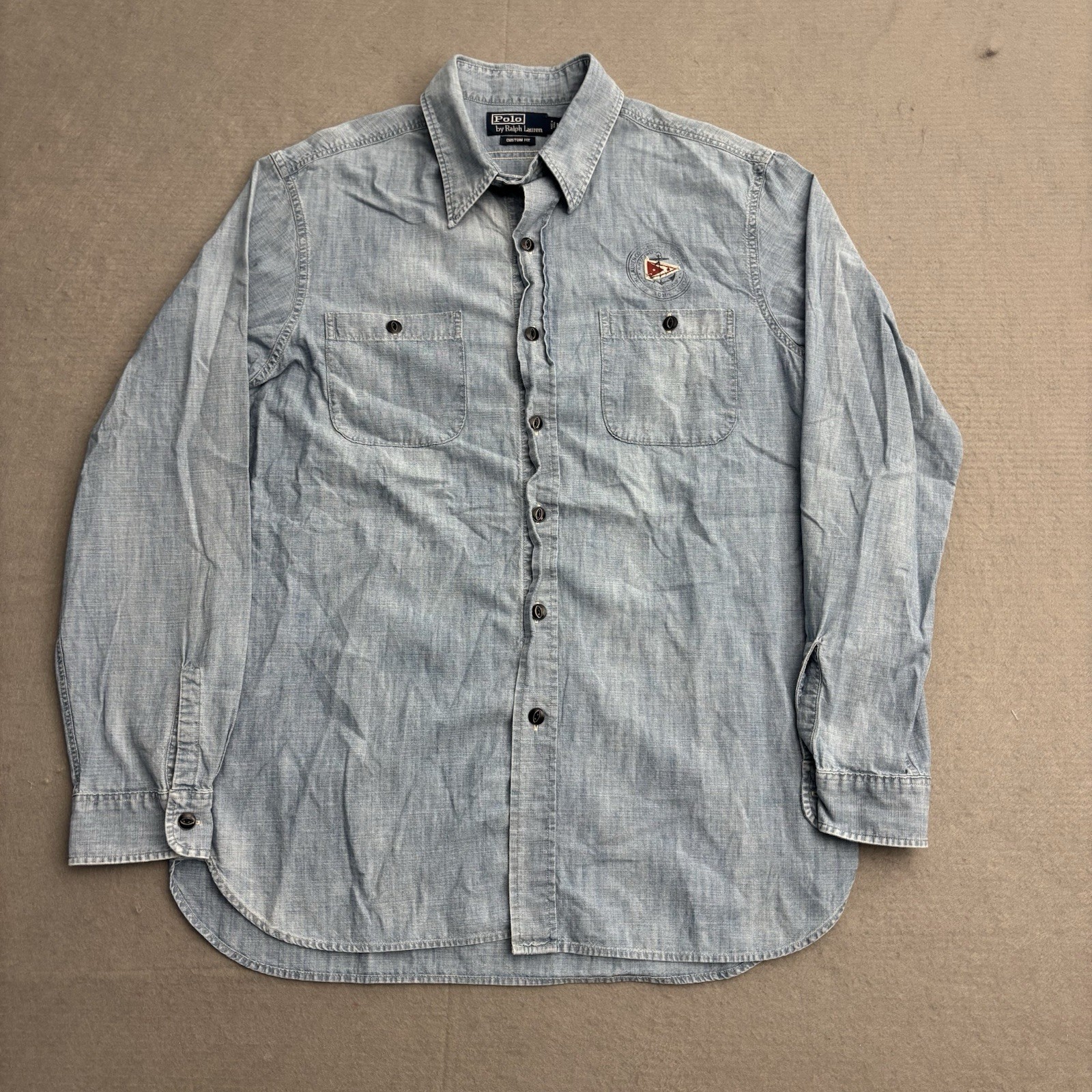 Polo Ralph Lauren RLYC Boat Flag Shirt Mens Large Denim Nautical Coastal Vintage Polo Ralph Lauren RLYC Boat Flag Shirt Mens Large Denim Nautical Coastal Vintage