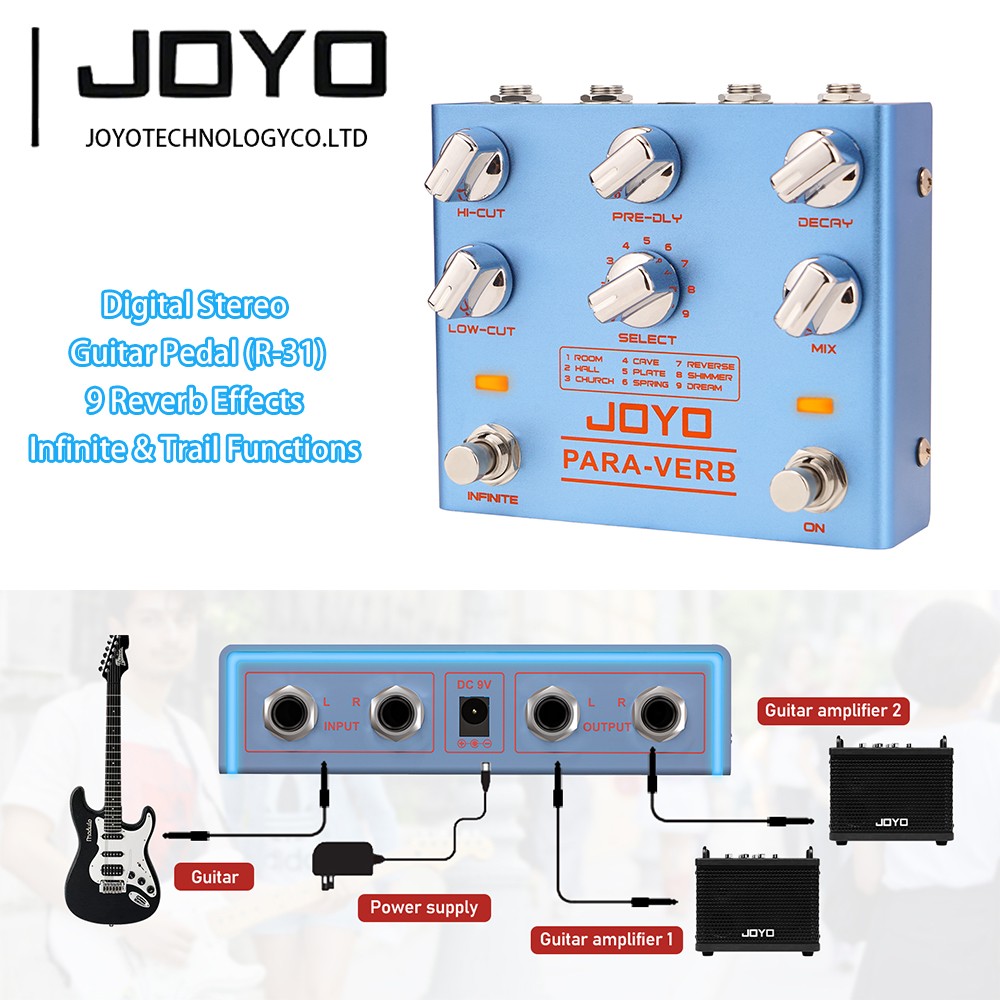 JOYO Reverb Pedal Digital Stereo 9 Reverb Effects Pedals for Electric Guitar